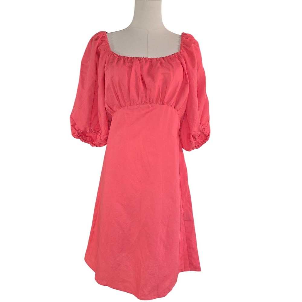 NWT NEW H&M Linen Coral Pink Puff Sleeve Empire Waist Square Neck Mini Dress M